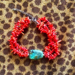 Orange branch coral and turquoise bracelet